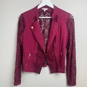 Candies Womens Berry Wine Lace Moto Jacket Cropped Long Sleeve Whimsigoth Med